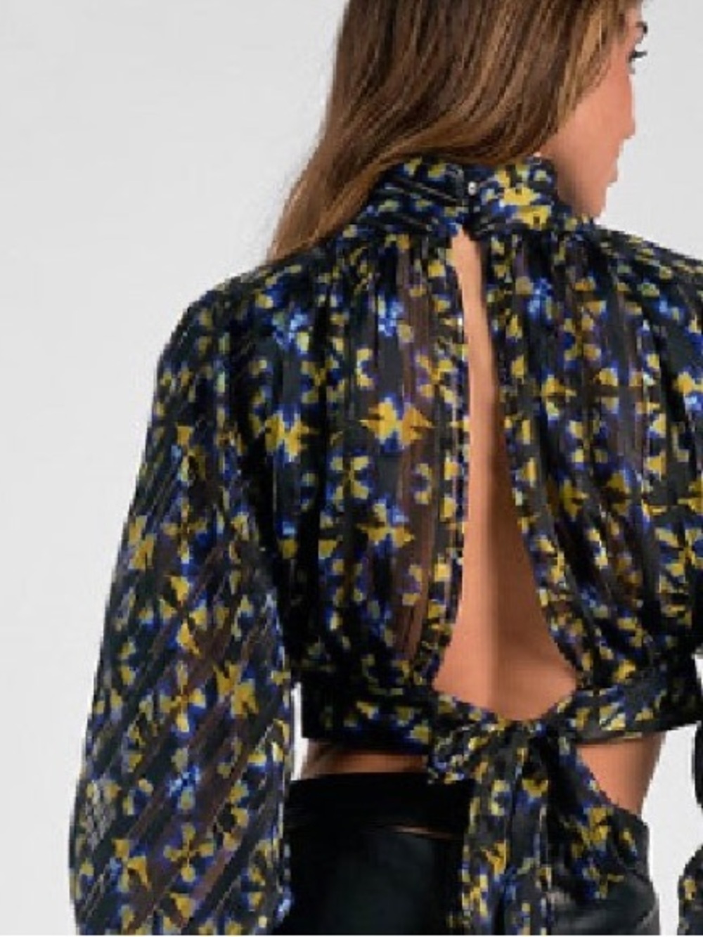 Elan Puff Sleeve High Neck Open Back Abstract Tie-Back Crop Top Blouse Size M